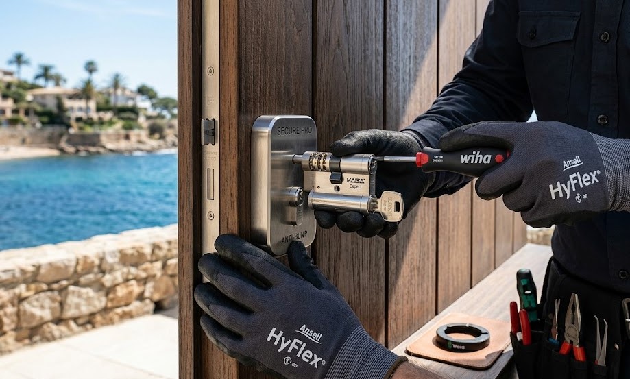 Técnico especialista instalando cerradura de alta seguridad en puerta de chalet en Sant Feliu de Guíxols